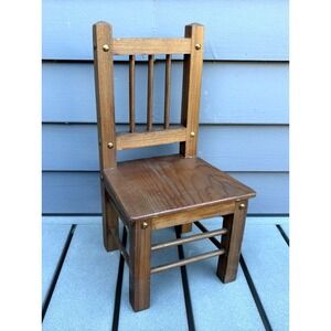 Vintage doll size solid wood wooden Mission stye side chair metal brads 12" tall